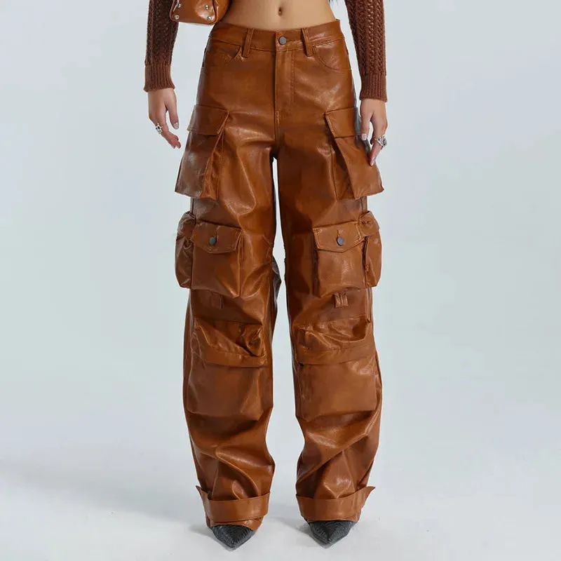 Women Leather Pants Multi Pockets High Waist Trousers Loose Casual All Match Long PU Cargo Pants