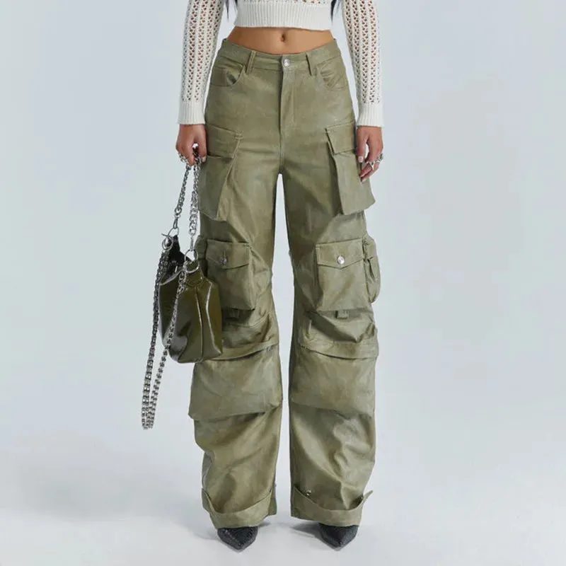 Women Leather Pants Multi Pockets High Waist Trousers Loose Casual All Match Long PU Cargo Pants