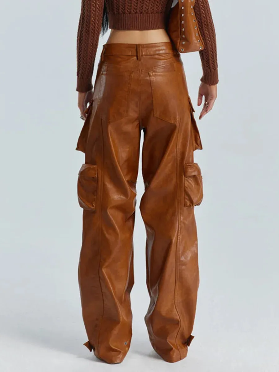 Women Leather Pants Multi Pockets High Waist Trousers Loose Casual All Match Long PU Cargo Pants