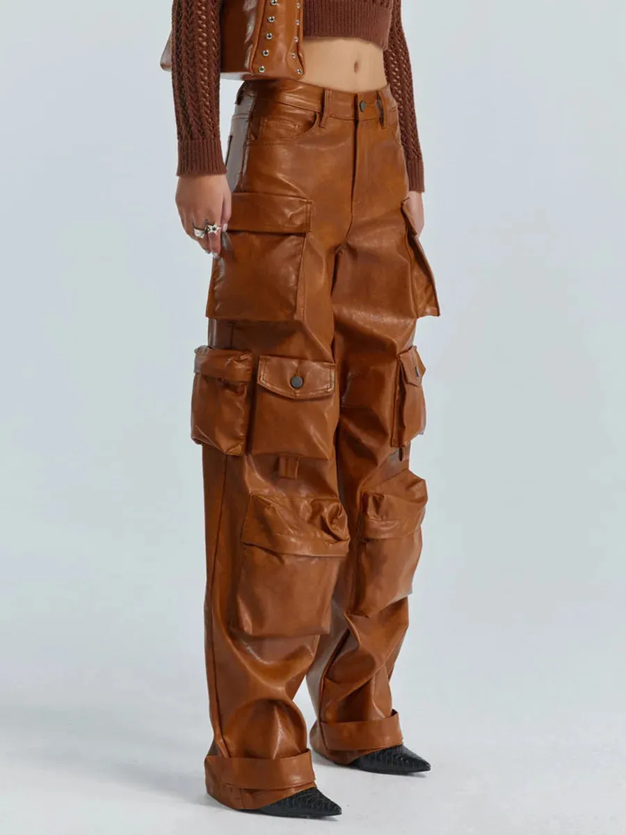 Women Leather Pants Multi Pockets High Waist Trousers Loose Casual All Match Long PU Cargo Pants