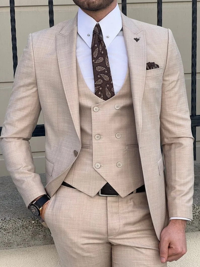 Slim Fit Men's Beige Wedding Vest Suit Tuxedo