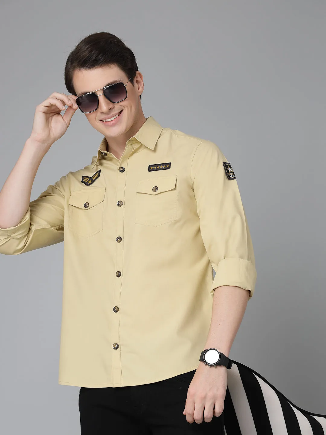 Style Quotient Men Khaki Military Patch Polycotton Regular Smart Casual Shirt