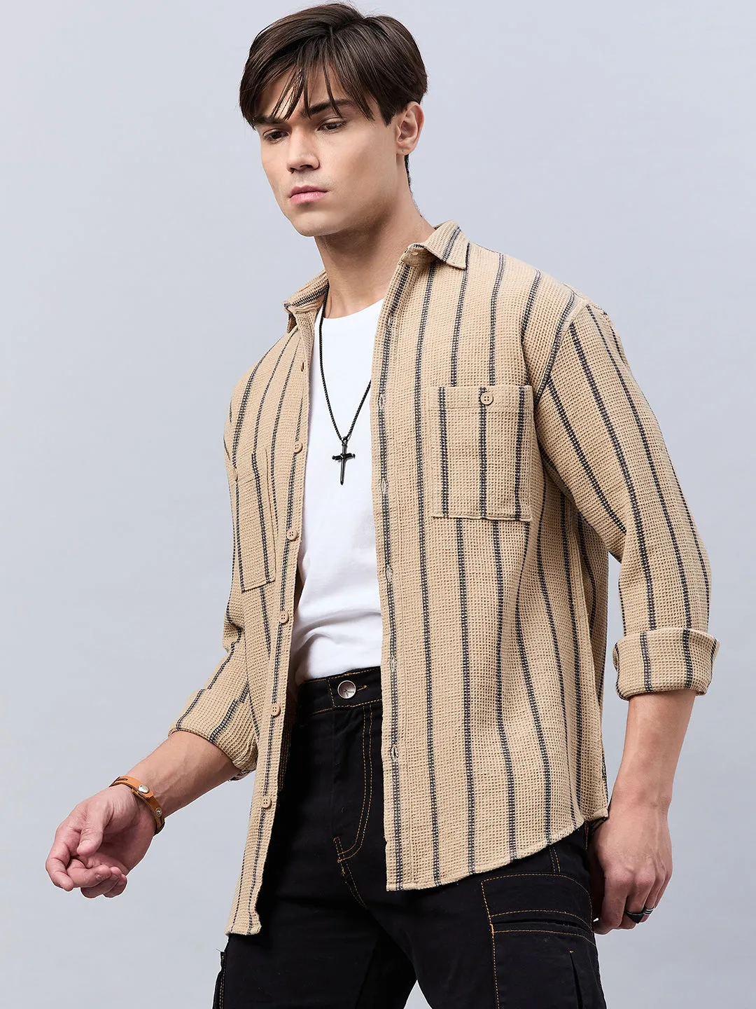 Style Quotient Men Khaki Stripe Textured solid Shirt