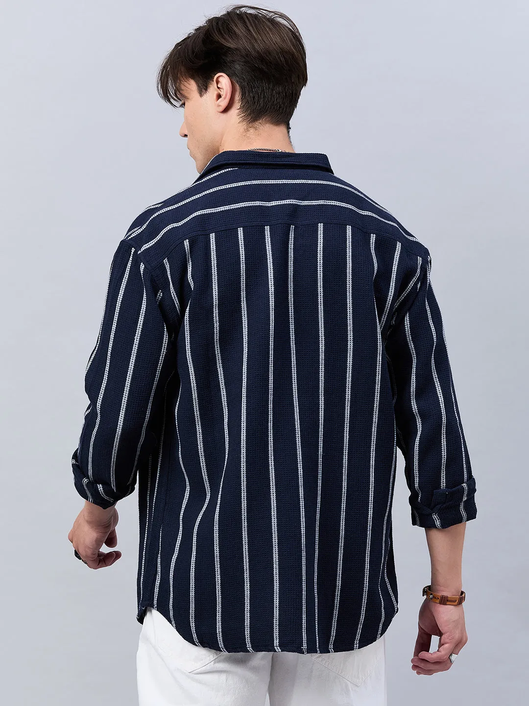 Style Quotient Men Navy Stripe Textured solid Shirt