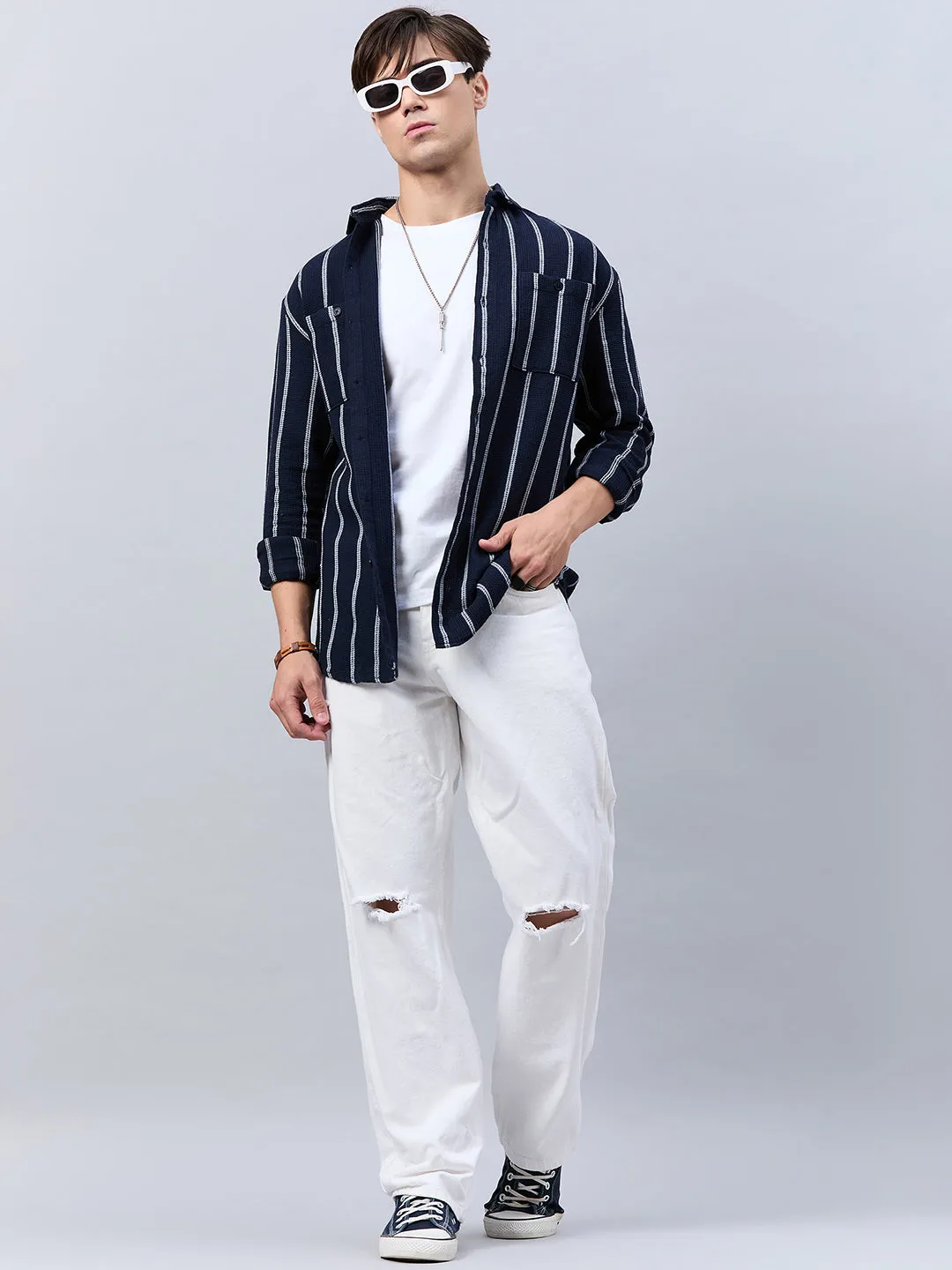 Style Quotient Men Navy Stripe Textured solid Shirt