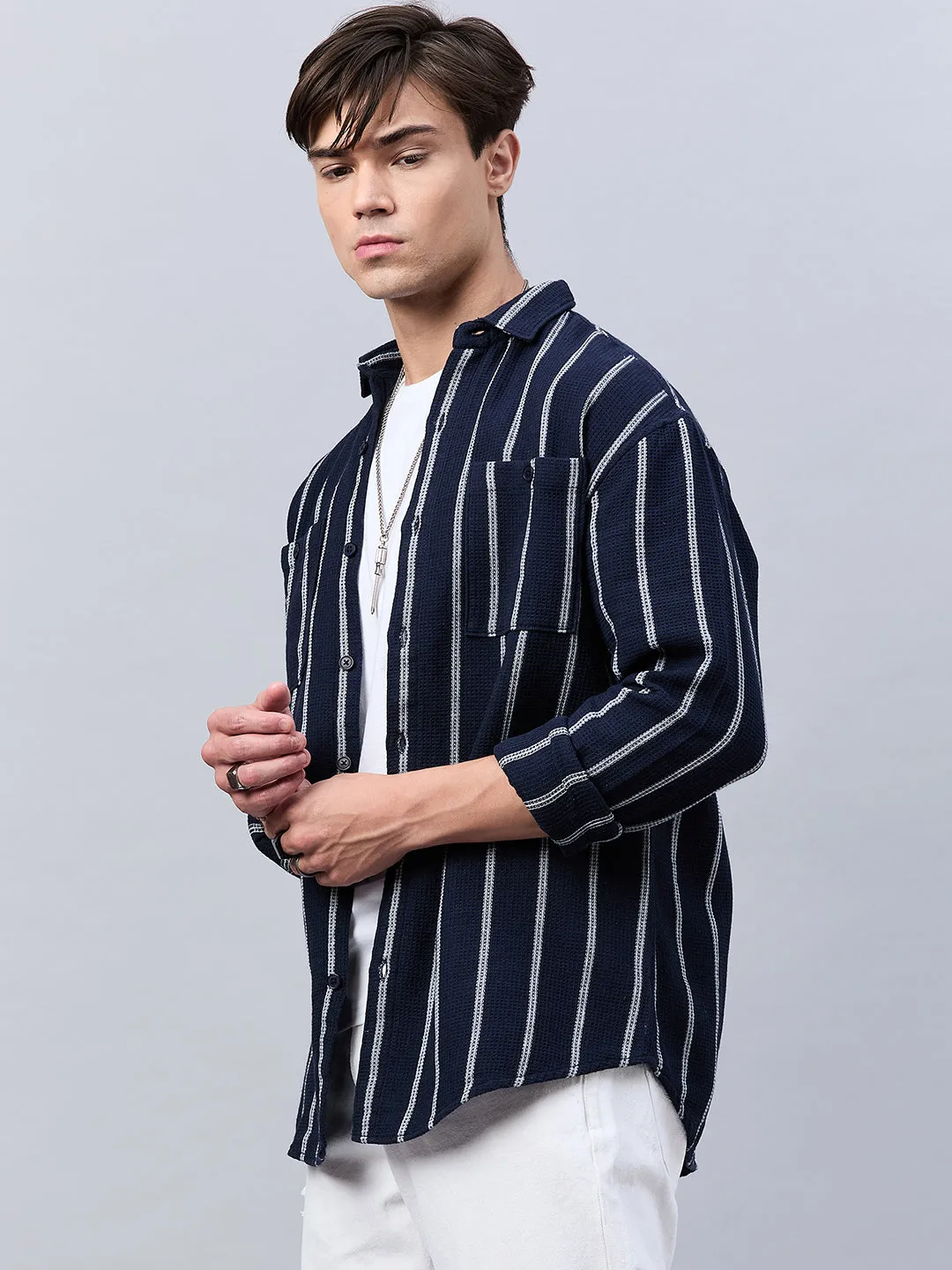 Style Quotient Men Navy Stripe Textured solid Shirt