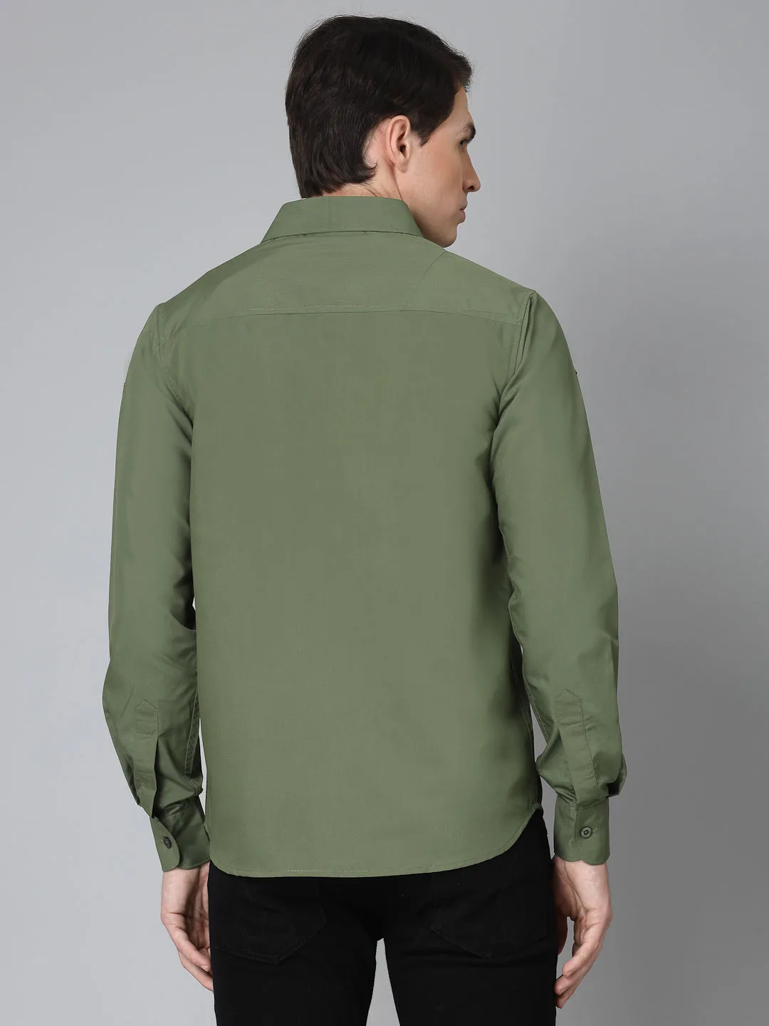 Style Quotient Men Olive Military Patch Polycotton Regular Smart Casual Shirt