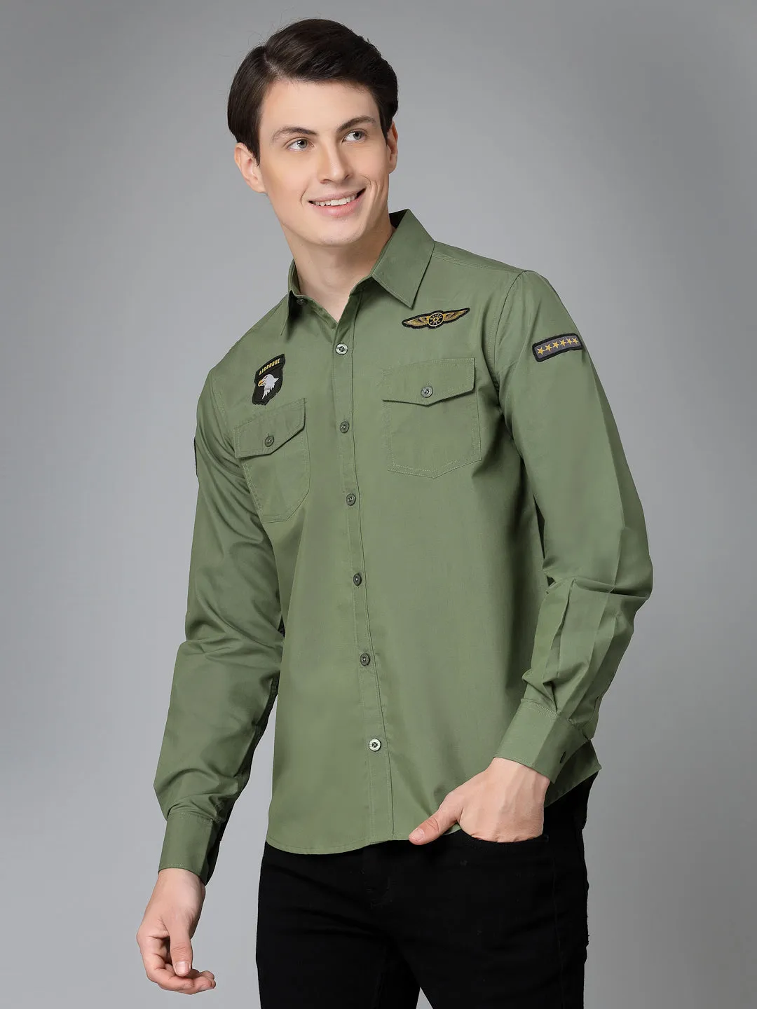 Style Quotient Men Olive Military Patch Polycotton Regular Smart Casual Shirt