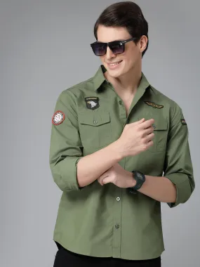 Style Quotient Men Olive Military Patch Polycotton Regular Smart Casual Shirt