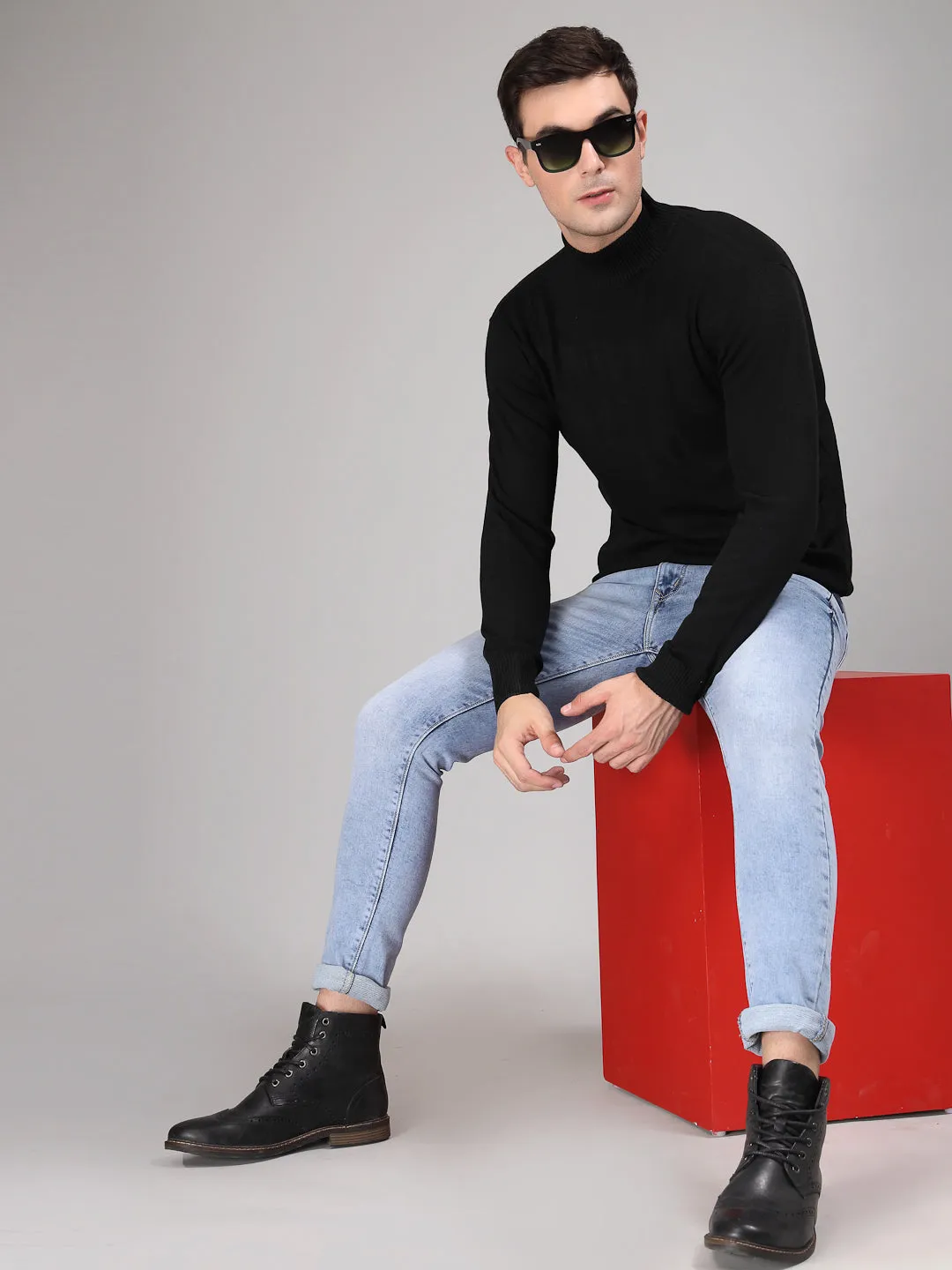 Style Quotient Men Solid Black Knitted Regular Sweater