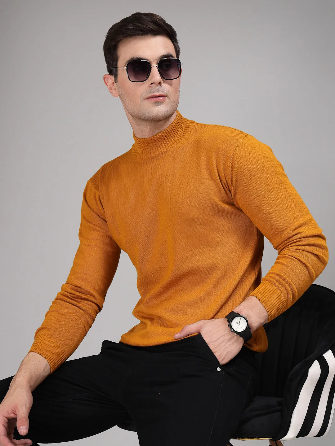 Style Quotient Men Solid Brown Knitted Regular Sweater