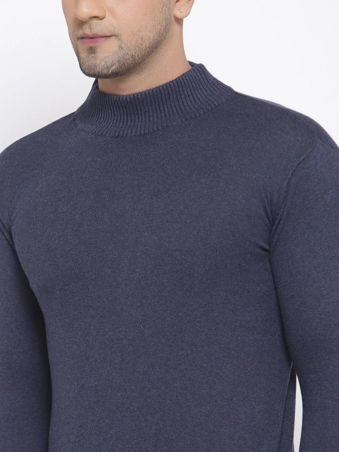 Style Quotient Men Solid Dark Blue Knitted Regular Sweatshirt