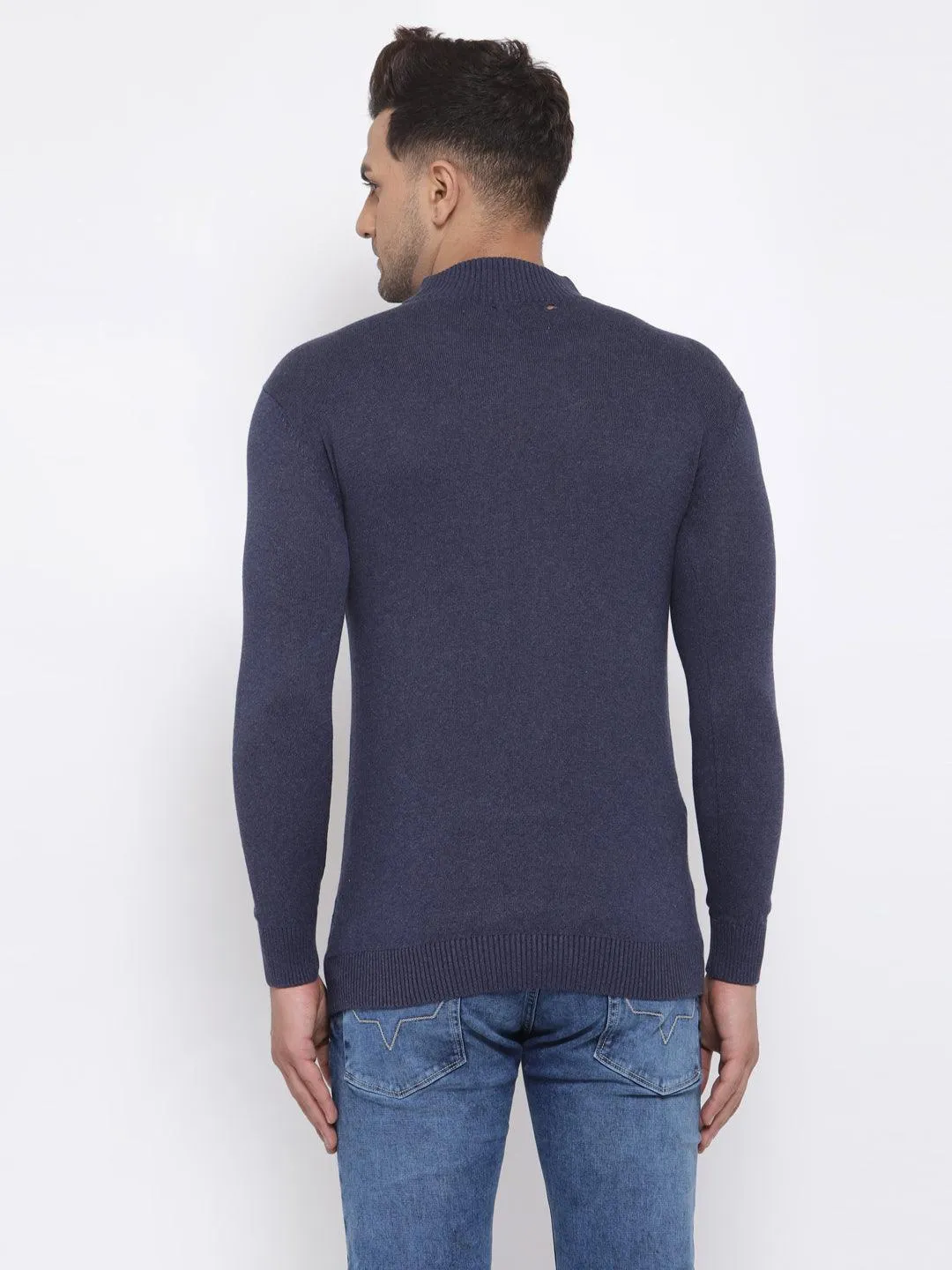 Style Quotient Men Solid Dark Blue Knitted Regular Sweatshirt