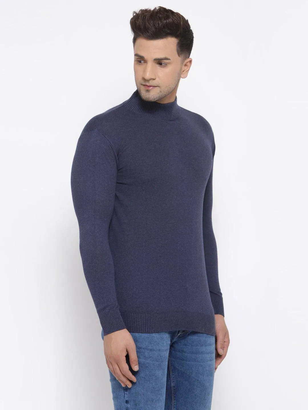 Style Quotient Men Solid Dark Blue Knitted Regular Sweatshirt