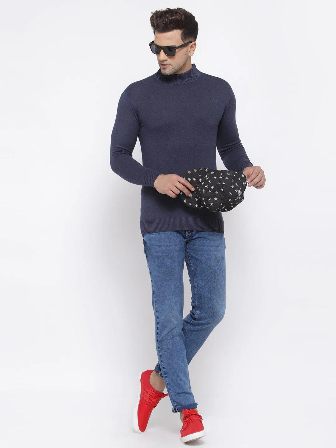 Style Quotient Men Solid Dark Blue Knitted Regular Sweatshirt