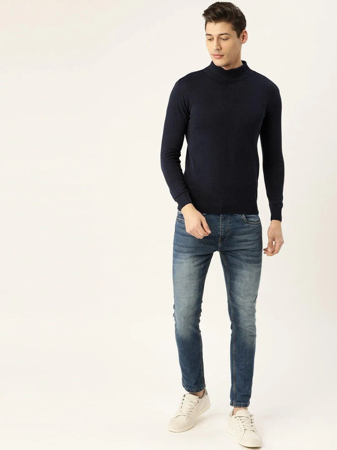 Style Quotient Men Solid Navy Knitted Regular Sweatshirt