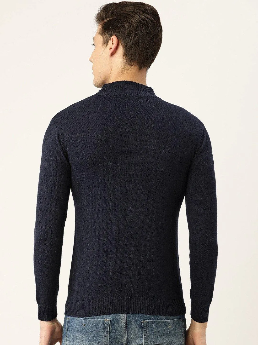 Style Quotient Men Solid Navy Knitted Regular Sweatshirt