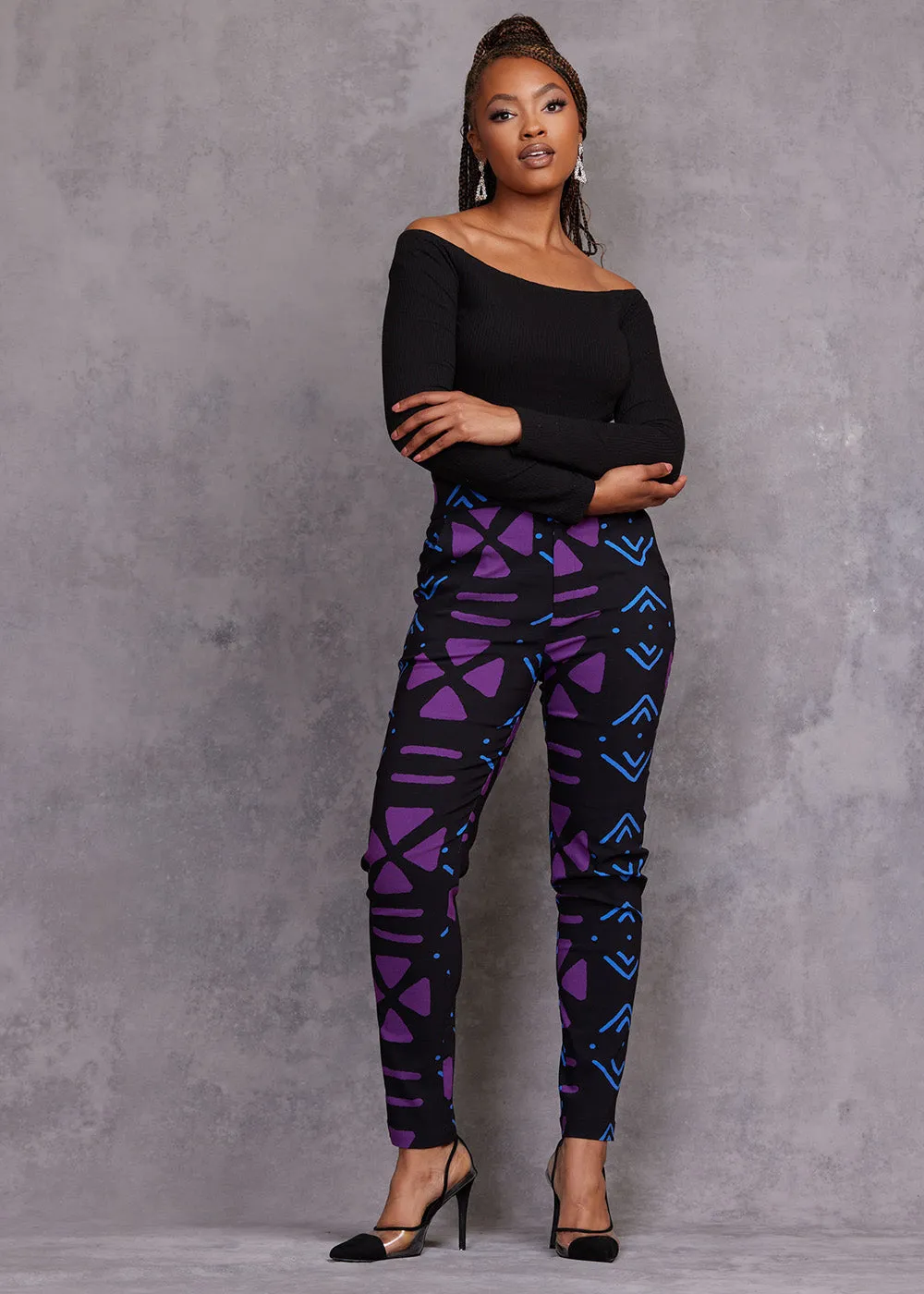 Talia Women's African Print Stretch Pants (Black Purple Mudcloth)