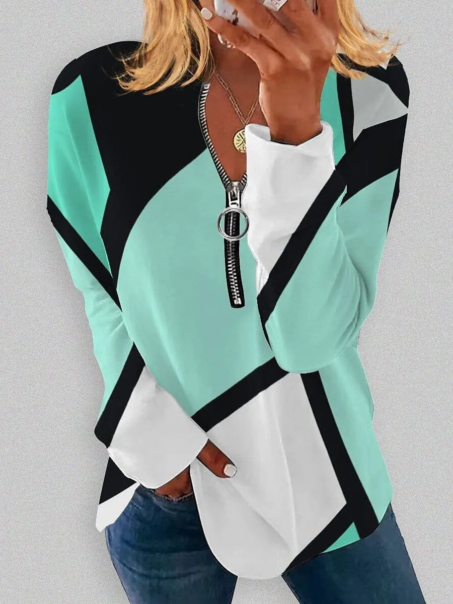 Versatile Women's Plus Size Zip Up Sweatshirt with Color Block Print