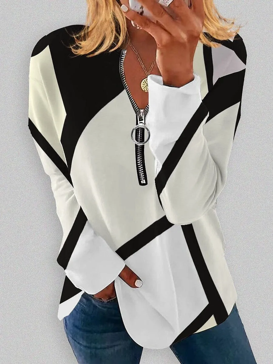 Versatile Women's Plus Size Zip Up Sweatshirt with Color Block Print