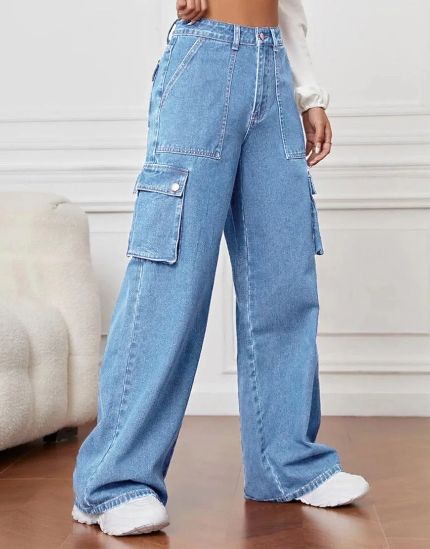 Wide Leg Flap Pocket Cargo Mid Wash