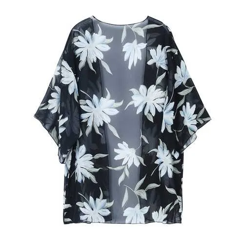 Women Floral Print Summer Blouses Chiffon Kimono Beach Cover Up