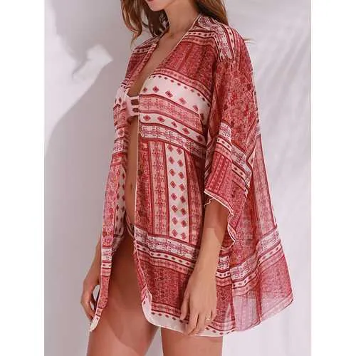 Women Floral Print Summer Blouses Chiffon Kimono Beach Cover Up