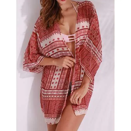 Women Floral Print Summer Blouses Chiffon Kimono Beach Cover Up