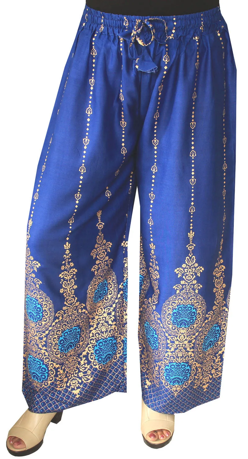 Womens Rayon Indian Pants Hippie Wide Leg Golden Print (Blue)