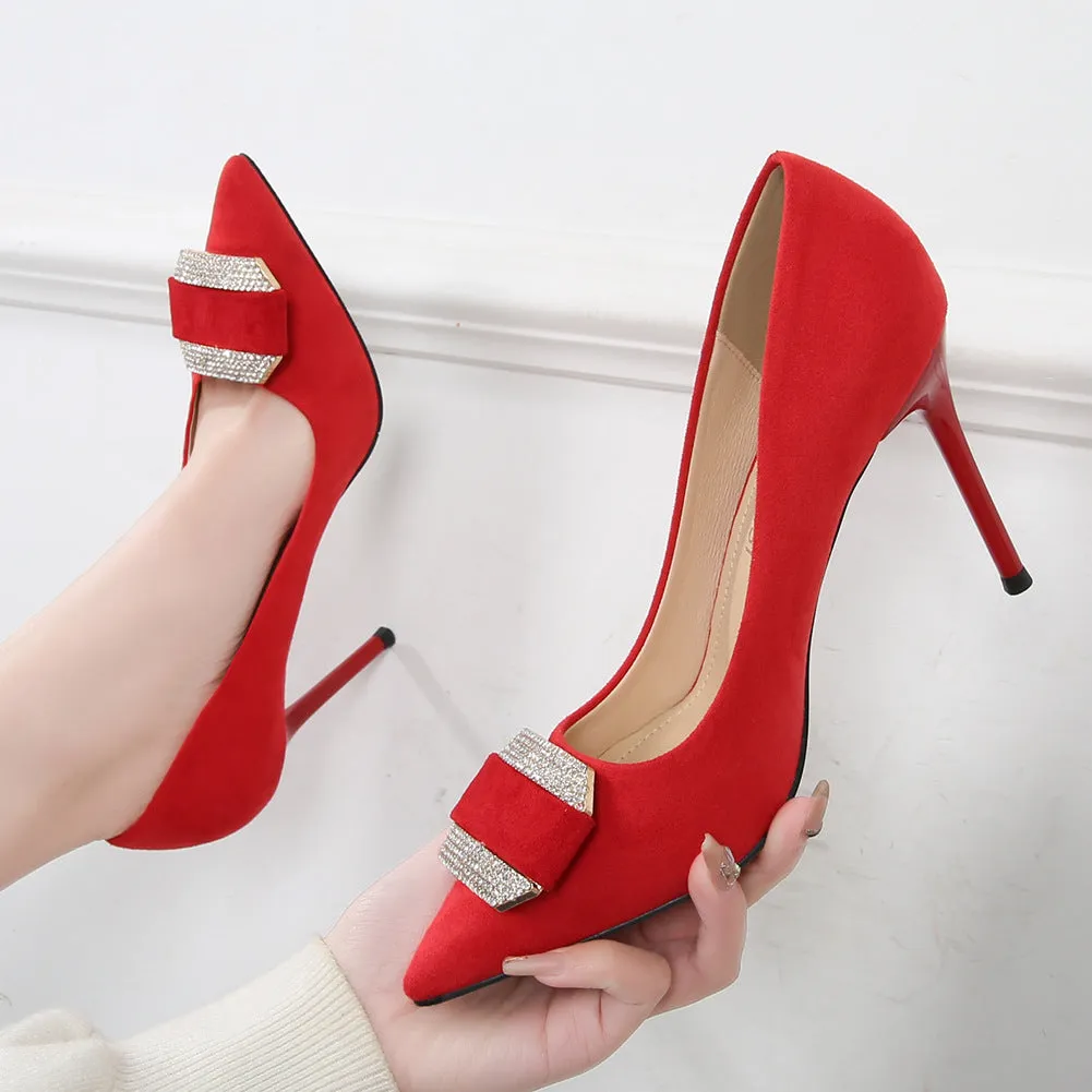 Women's Rhinestone Pointed Toe Shallow Stiletto Heel Pumps