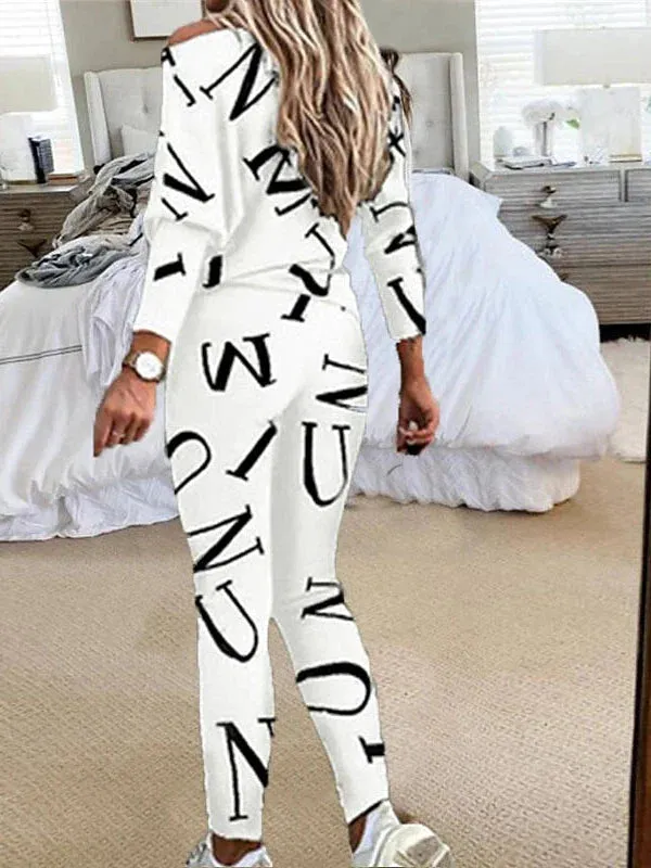 Women's Stylish Black and White Letter Print Lounge Set with Crew Neck Top and Slim Pants