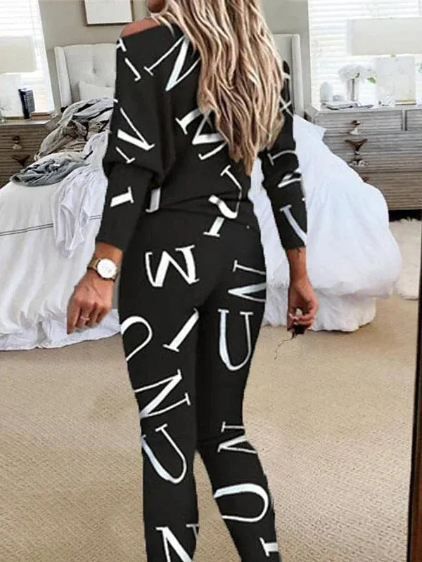 Women's Stylish Black and White Letter Print Lounge Set with Crew Neck Top and Slim Pants